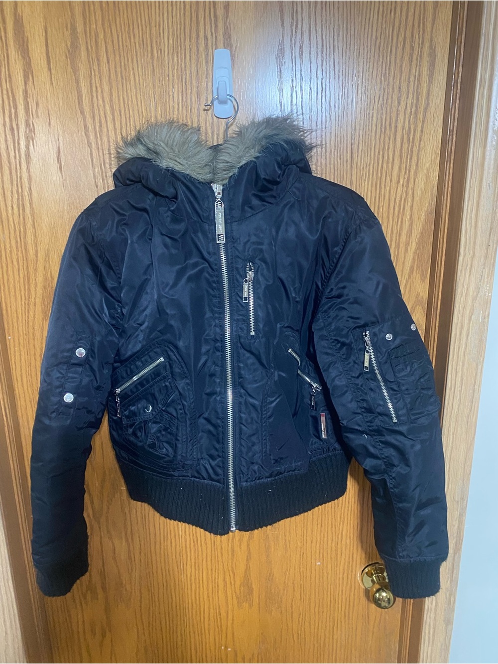 Point Zero Black Hooded Puffer Jacket with Faux Fur Trim